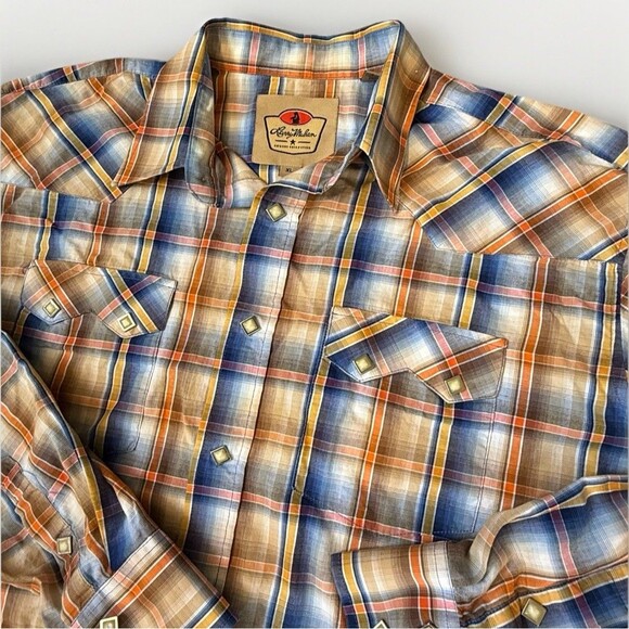 LARRY MAHAN Men's XL Plaid L/S Square Pearl Snap Western Cowboy Blue/Brown - Picture 1 of 9